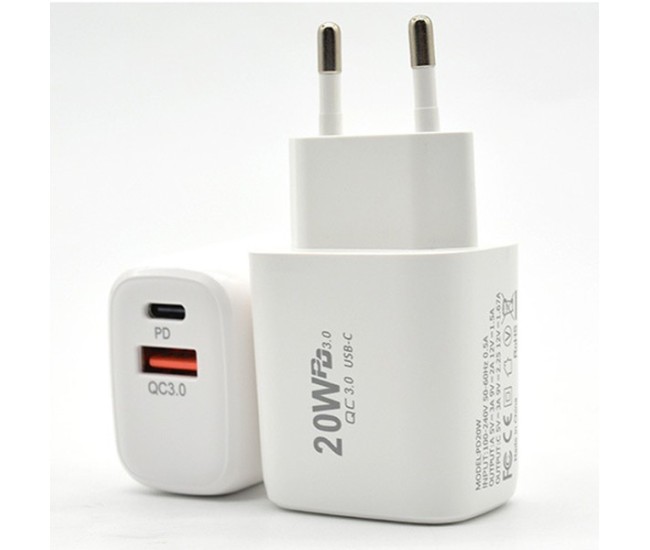 Incarcator Fast Charging pentru Telefon, Flippy, Dual Port USB-A si USB-C cu Cap de Incarcare Standard European, Power Delivery 20W Q.C 3.0, Alb Incarcator Fast Charging pentru Telefon, Flippy, Dual Port USB-A si USB-C cu Cap de Incarcare Standard European, Power Delivery 20W Q.C 3.0, Alb