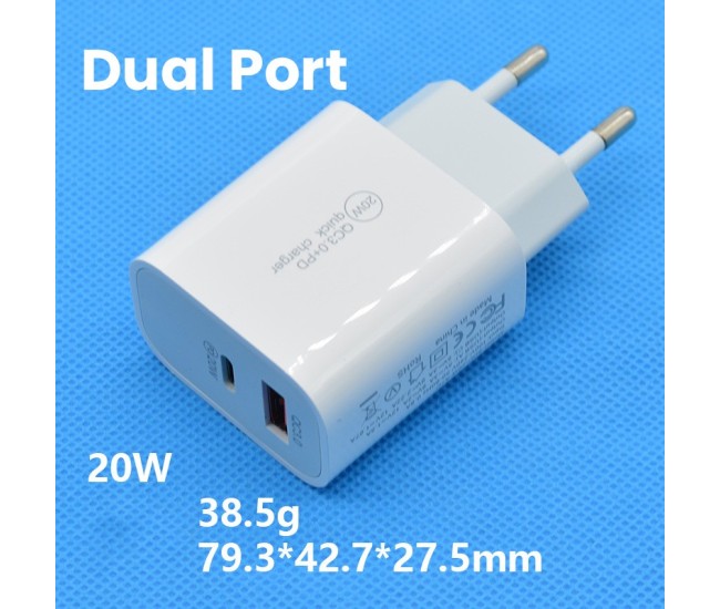 Incarcator Fast Charging QC 3.0, Flippy, Dual Port USB-A si USB-C cu Cap de Incarcare Standard European, 20 W, fara Cablu, Alb Incarcator Fast Charging QC 3.0, Flippy, Dual Port USB-A si USB-C cu Cap de Incarcare Standard European, 20 W, fara Cablu, Alb