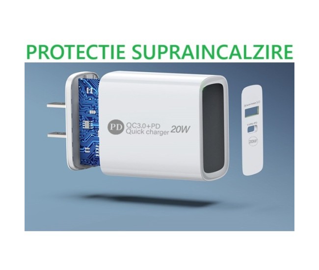 Incarcator Rapid PD QC3.0, Flippy, 2 Porturi, USB + Type C, 20W, Incarcare Rapida, Protectie Supraincalzire, 9.5 x 5.3 x 5.8 cm, Alb Incarcator Rapid PD QC3.0, Flippy, 2 Porturi, USB + Type C, 20W, Incarcare Rapida, Protectie Supraincalzire, 9.5 x 5.3 x 5.8 cm, Alb
