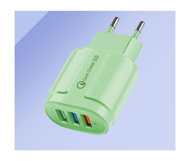 Incarcator Rapid QC3.0, Flippy, 3 Porturi USB, 2.1A, 18W, din ABS, Protectie Supraincalzire, Gama Macarons, Verde Incarcator Rapid QC3.0, Flippy, 3 Porturi USB, 2.1A, 18W, din ABS, Protectie Supraincalzire, Gama Macarons, Verde