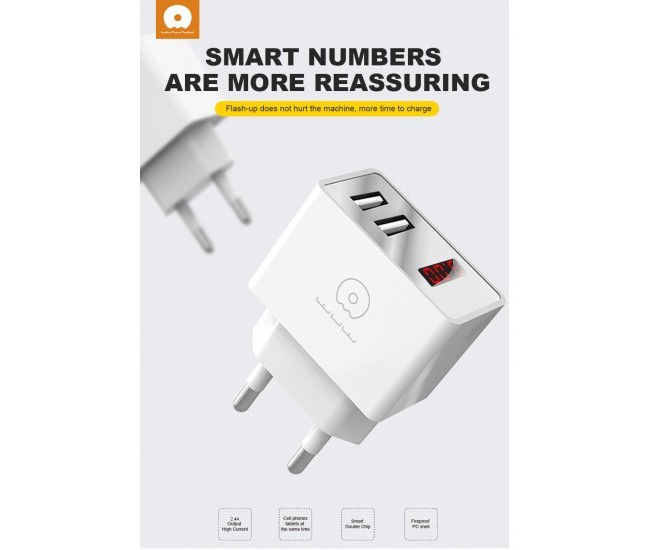 Incarcator Retea Flippy, 2.4A, 2 porturi USB, cu afisaj led WUW-C82, Alb