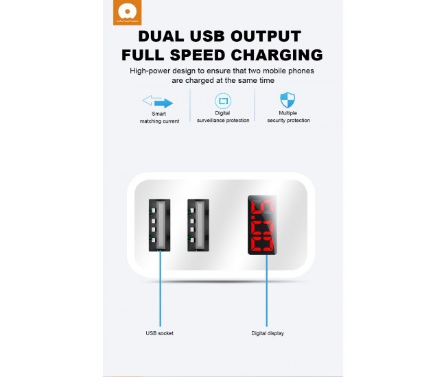 Incarcator Retea Flippy, 2.4A, 2 porturi USB, cu afisaj led WUW-C82, Alb