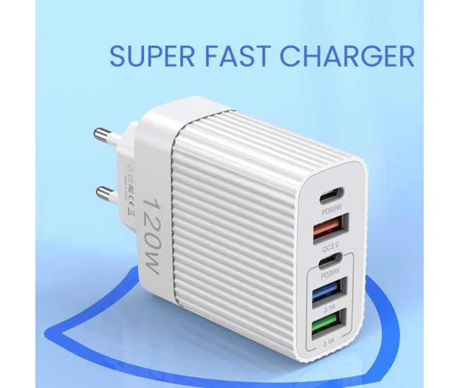 Incarcator Retea pentru Telefon, Flippy, Super Fast Charger Multi-Port, Power Delivery 120W, 3 USB-A, 2 TYPE-C, Compatibil Telefon si Tableta, Alb Incarcator Retea pentru Telefon, Flippy, Super Fast Charger Multi-Port, Power Delivery 120W, 3 USB-A, 2 TYPE-C, Compatibil Telefon si Tableta, Alb
