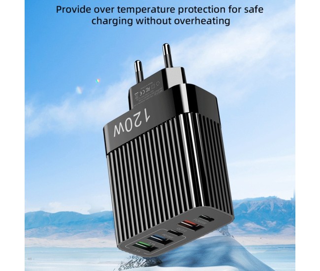 Incarcator Retea pentru Telefon, Flippy, Super Fast Charger Multi-Port, Power Delivery 120W, 3 USB-A, 2 TYPE-C, Compatibil Telefon si Tableta, Negru Incarcator Retea pentru Telefon, Flippy, Super Fast Charger Multi-Port, Power Delivery 120W, 3 USB-A, 2 TYPE-C, Compatibil Telefon si Tableta, Negru