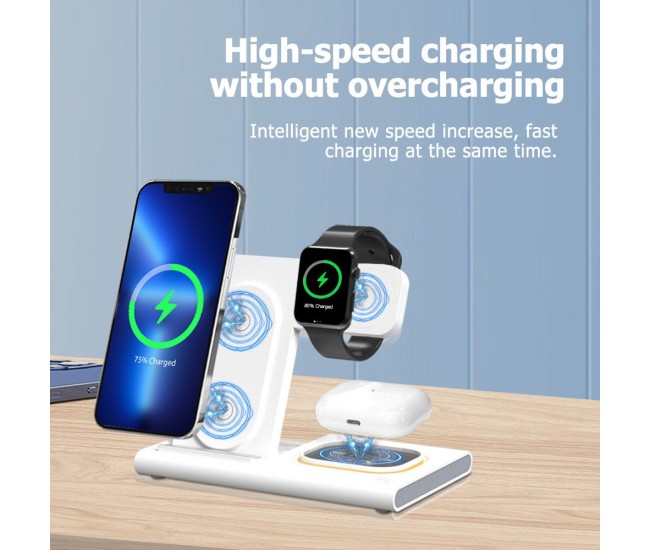 Incarcator Wireless 3 in 1 Fast Charger, Flippy, Compatibil cu Apple iPhone, iWatch, AirPods, New Design, 15W, 16.5 x 14 x 9.5 cm, Alb