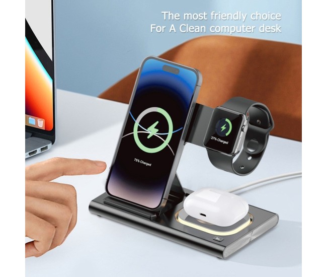 Incarcator Wireless 3 in 1 Fast Charger, Flippy, Compatibil cu Apple iPhone, iWatch, AirPods, New Design, 15W, 16.5 x 14 x 9.5 cm, Negru