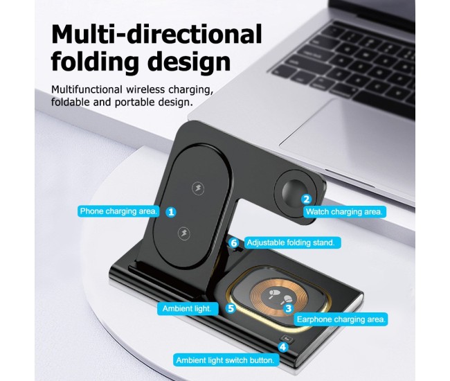 Incarcator Wireless 3 in 1 Fast Charger, Flippy, Compatibil cu Apple iPhone, iWatch, AirPods, New Design, 15W, 16.5 x 14 x 9.5 cm, Negru