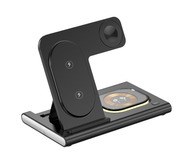 Incarcator Wireless 3 in 1 Fast Charger, Flippy, Compatibil cu Apple iPhone, iWatch, AirPods, New Design, 15W, 16.5 x 14 x 9.5 cm, Negru