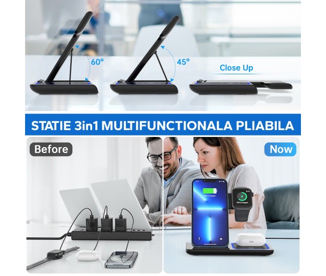 Incarcator Wireless Flippy, Statie Incarcare 3 In 1 Qi Fast Charger 15W, Incarcare Rapida, Compatibil Cu Apple Watch Toate Seriile Airpods Toate Modele si Iphone Android Samsung Huawei Xiaomi, Quick Charge, Negru Incarcator Wireless Flippy, Statie Incarcare 3 In 1 Qi Fast Charger 15W, Incarcare Rapida, Compatibil Cu Apple Watch Toate Seriile Airpods Toate Modele si Iphone Android Samsung Huawei Xiaomi, Quick Charge, Negru
