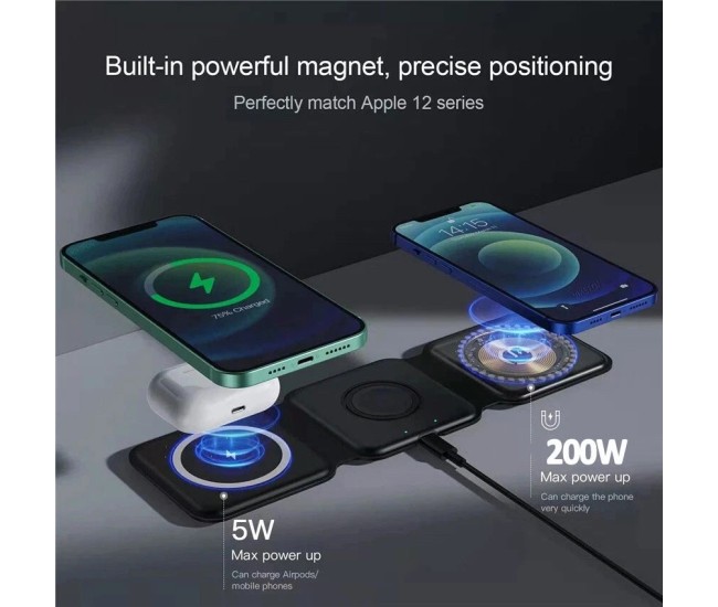 Incarcator Wireless Magnetic/Pliabil 3in1, Flippy, Multifunctional de Birou, 15W, Compatibil cu iOS/Android, 25 x 7.5 x 1 cm, Negru