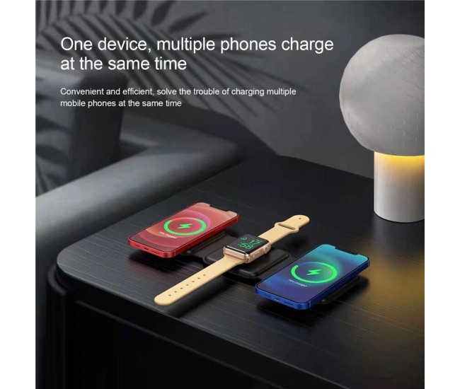 Incarcator Wireless Magnetic/Pliabil 3in1, Flippy, Multifunctional de Birou, 15W, Compatibil cu iOS/Android, 25 x 7.5 x 1 cm, Negru