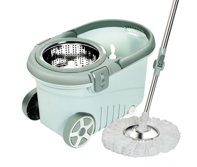 Set mop rotativ cu galeata Flippy, material plastic si microfibra, o rezerva inclusa, rezistent, cu dop scurgere, vas detasabil, orificiu pentru solutie, pentru interior, capacitate 8 l, verde