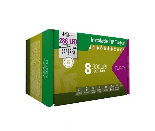 Instalatie Craciun Tip Turturi, IP44, 10 m, 286 Led-uri, Alb cald, 8 jocuri de lumini, 31 V, Telecomanda inclusa, Interconectabila, Prelungitor 5 m inclus, Fir Cupru, Flippy, Interior/Exterior Instalatie Craciun Tip Turturi, IP44, 10 m, 286 Led-uri, Alb cald, 8 jocuri de lumini, 31 V, Telecomanda inclusa, Interconectabila, Prelungitor 5 m inclus, Fir Cupru, Flippy, Interior/Exterior