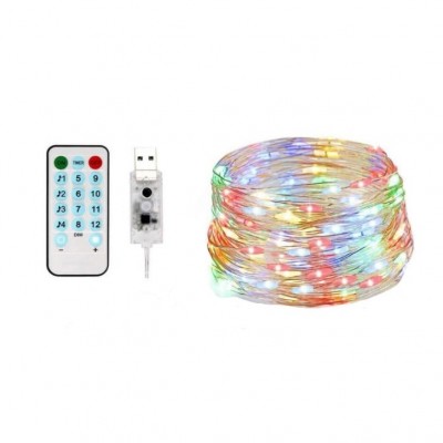 Instalatie Craciun, 10 metri, 100 LED-uri, multicolor RGB, sincronizare muzica, telecomanda 12 de functii, USB, fir cupru, liniar, interior/exterior, Flippy