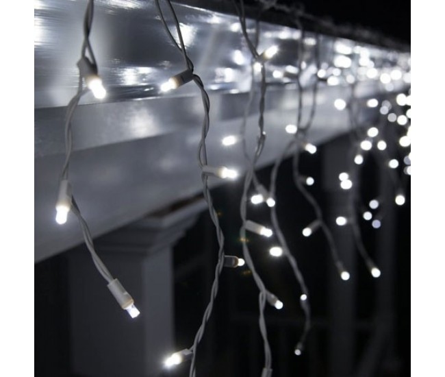 Instalatie Craciun, 5 m, Led-uri ,Franjuri, Alb rece, Flash, Alimentator, Interconectabila, Fir Alb Cauciucat, 220v, Flippy