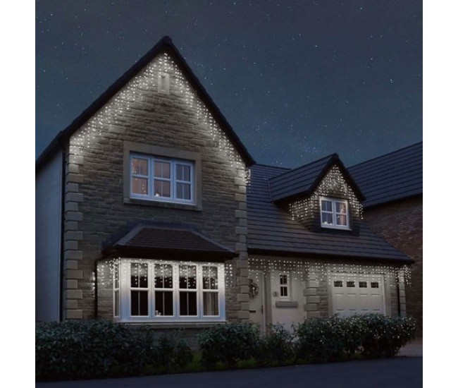 Instalatie Craciun, 5 m, Led-uri ,Franjuri, Alb rece, Flash, Alimentator, Interconectabila, Fir Alb Cauciucat, 220v, Flippy