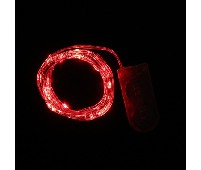 Instalatie Craciun, 5 metri, 50 LED-uri, Rosu, cu baterii, fir cupru, liniar, interior/exterior, Flippy