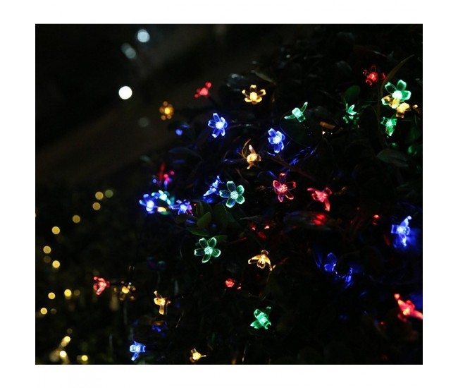 Instalatie Craciun, 6.5 metri, 30 Becuri LED tip Flori de cires, pentru exterior cu incarcare solara, Multicolor, Flippy