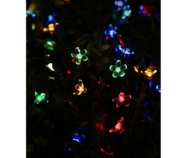 Instalatie Craciun, 6.5 metri, 30 Becuri LED tip Flori de cires, pentru exterior cu incarcare solara, Multicolor, Flippy