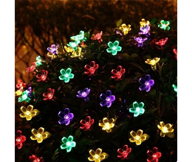 Instalatie Craciun, 6.5 metri, 30 Becuri LED tip Flori de cires, pentru exterior cu incarcare solara, Multicolor, Flippy