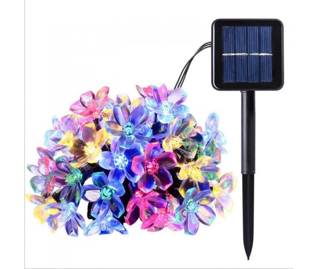 Instalatie Craciun, 6.5 metri, 30 Becuri LED tip Flori de cires, pentru exterior cu incarcare solara, Multicolor, Flippy
