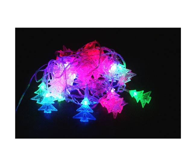 Ghirlanda luminoasa cu bec in forma de brazi, 3 metri, 20 LED-uri, forme din plastic, fir transparent, multicolora Ghirlanda luminoasa cu bec in forma de brazi, 3 metri, 20 LED-uri, forme din plastic, fir transparent, multicolora