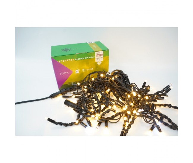 Instalatie Craciun Profesionala de Exterior IP65, 10 m, 240 Led-uri Mari ,Franjuri, Alb cald, Flash, Alimentator, Interconectabila, Fir Negru Cauciucat, 220v, Flippy