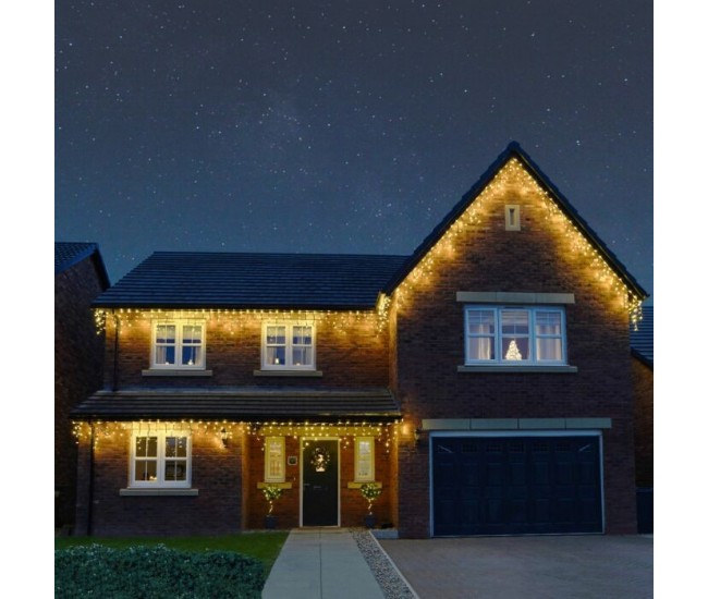 Instalatie Craciun Profesionala de Exterior IP65, 10 m, 240 Led-uri Mari ,Franjuri, Alb cald, Flash, Alimentator, Interconectabila, Fir Negru Cauciucat, 220v, Flippy