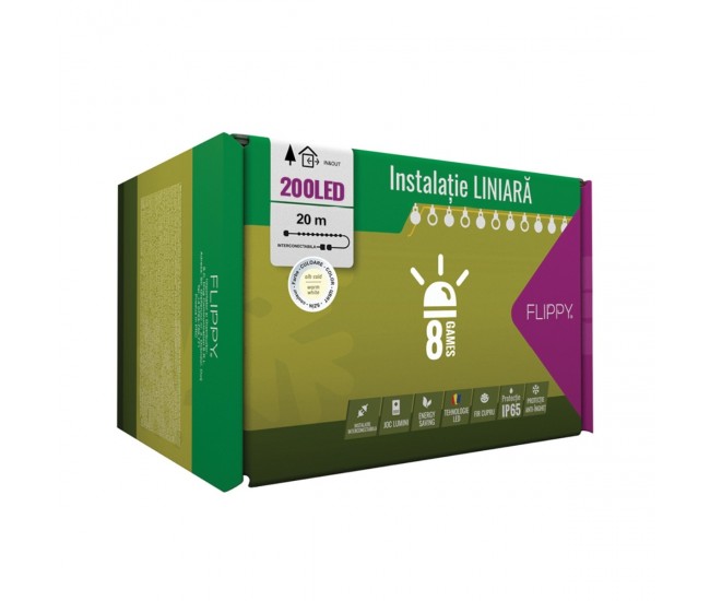 Instalatie Craciun Profesionala de Exterior IP65, 20 m, 200 Led-uri Mari ,Liniara, Alb cald, Interconectabila, Prelungitor 1.5 m inclus, Fir Negru, Flippy Instalatie Craciun Profesionala de Exterior IP65, 20 m, 200 Led-uri Mari ,Liniara, Alb cald, Interconectabila, Prelungitor 1.5 m inclus, Fir Negru, Flippy
