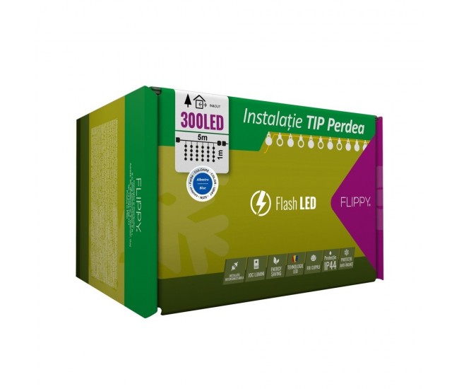 Instalatie Craciun, Tip Perdea, IP44, 5 m x 1 m, 300 LED-uri, Albastru, cu flash, Transformator, Interconectabila, Prelungitor 5 m inclus, Fir transparent, Interior/ Exterior, Flippy Instalatie Craciun, Tip Perdea, IP44, 5 m x 1 m, 300 LED-uri, Albastru, cu flash, Transformator, Interconectabila, Prelungitor 5 m inclus, Fir transparent, Interior/ Exterior, Flippy