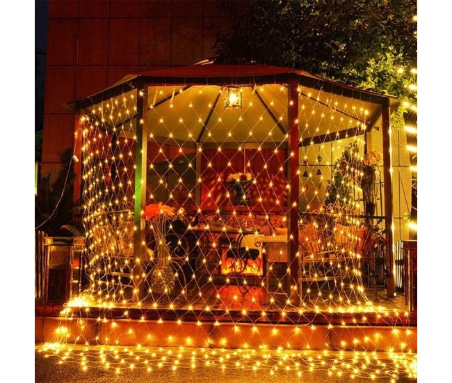 Instalatie Craciun, Tip Plasa, IP 44, 24 x 1 m, 960 LED-uri, Alb cald, 8 jocuri de lumini, Transformator fara telecomanda, Interconectabila, Prelungitor 5 m inclus, Fir transparent, Flippy