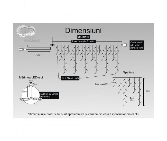 Instalatie Craciun Turturi, IP44, 35 m, 1001 Led-uri ,Perdea Franjurata, Multicolor, 8 jocuri de lumini, Transformator 31 V, Putere 9 W, Interconectabila, Interior/Exterior, Prelungitor 3 m inclus, Fir Transparent, Flippy Instalatie Craciun Turturi, IP44, 35 m, 1001 Led-uri ,Perdea Franjurata, Multicolor, 8 jocuri de lumini, Transformator 31 V, Putere 9 W, Interconectabila, Interior/Exterior, Prelungitor 3 m inclus, Fir Transparent, Flippy