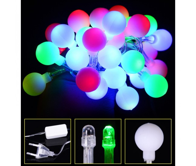 Instalatie sfere brad Craciun Flippy, 4 metri, 30 LEd-uri, alimentare la retea, fir transparent, multicolora