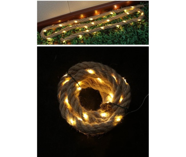 Instalatie Luminoasa, Flippy, cu Fir de Cupru, 2 m, 40 LED-uri, Model Sfoara de Canepa, cu Baterii, IP44, Alb Cald