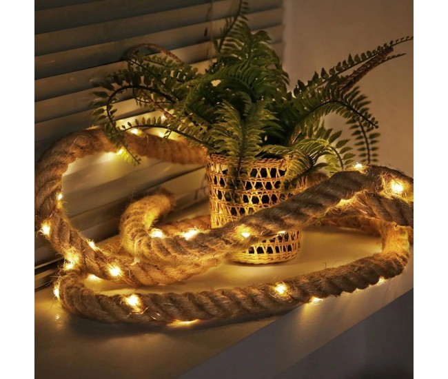 Instalatie Luminoasa, Flippy, cu Fir de Cupru, 2 m, 40 LED-uri, Model Sfoara de Canepa, cu Baterii, IP44, Alb Cald