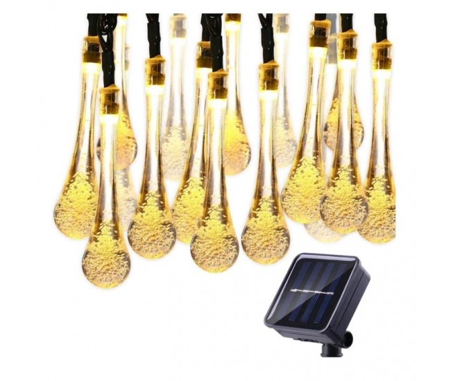 Instalatie Solara 6 m, 28 Led-uri cu Ornament tip picatura de apa, Liniara, Fir negru, Interior, Exterior, Alb Cald Instalatie Solara 6 m, 28 Led-uri cu Ornament tip picatura de apa, Liniara, Fir negru, Interior, Exterior, Alb Cald