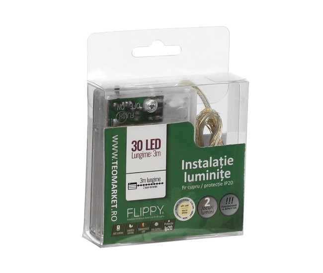 Instalatie de Craciun cu Baterii Tip Liniar, 2 jocuri de lumini, Fir Cupru 3 m 30 LED -uri, Alb Cald