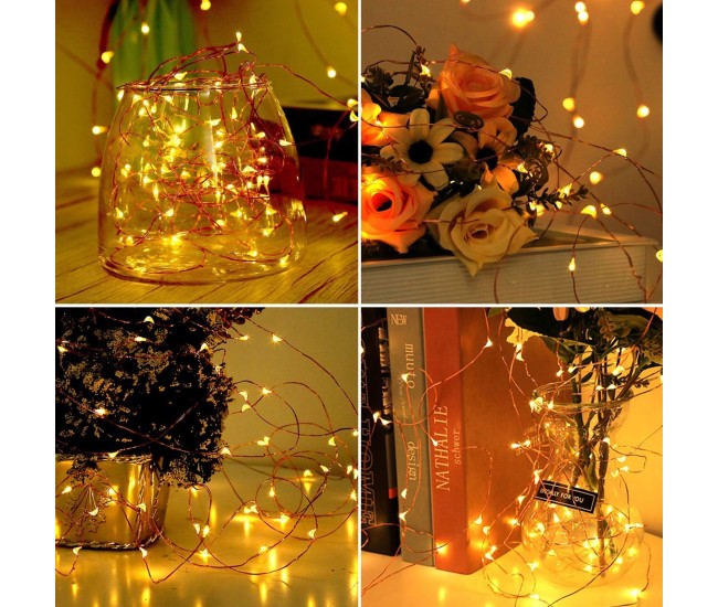 Instalatie de Craciun Liniara, Flippy®, Tip Liniara, Fir Cupru, 8 Jocuri de Lumini, cu Telecomanda, 10 m, 100 Led-uri, Alimentare USB, 4.5V, Alb Cald