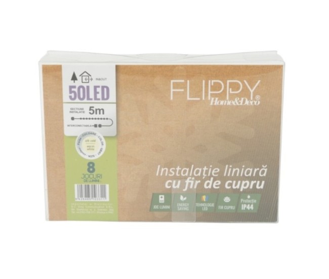 Instalatie de Craciun Liniara, Flippy®, Tip Liniara, Fir Cupru, 8 Jocuri de Lumini, cu Telecomanda, 5 m, 50 Led-uri, Alimentare USB, 4.5V, Alb Cald Instalatie de Craciun Liniara, Flippy®, Tip Liniara, Fir Cupru, 8 Jocuri de Lumini, cu Telecomanda, 5 m, 50 Led-uri, Alimentare USB, 4.5V, Alb Cald