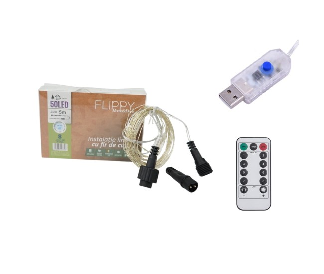 Instalatie de Craciun Liniara, Flippy®, Tip Liniara, Fir Cupru, 8 Jocuri de Lumini, cu Telecomanda, 5 m, 50 Led-uri, Alimentare USB, 4.5V, Alb Rece Instalatie de Craciun Liniara, Flippy®, Tip Liniara, Fir Cupru, 8 Jocuri de Lumini, cu Telecomanda, 5 m, 50 Led-uri, Alimentare USB, 4.5V, Alb Rece