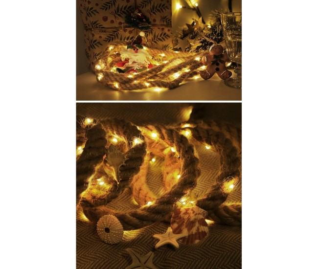 Instalatie Luminoasa, Flippy, cu Fir de Cupru, 3 m, 60 LED-uri, Model Sfoara de Canepa, cu Baterii, 8 Jocuri de Lumini, IP44, Alb Cald