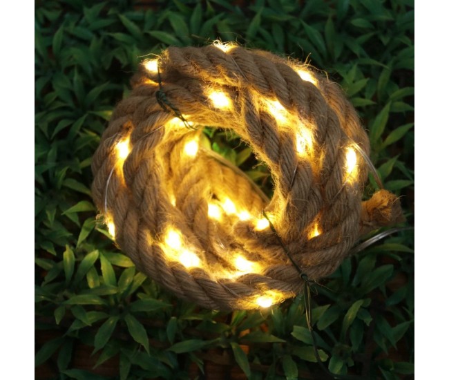 Instalatie Luminoasa, Flippy, cu Fir de Cupru, 3 m, 60 LED-uri, Model Sfoara de Canepa, cu Baterii, 8 Jocuri de Lumini, IP44, Alb Cald