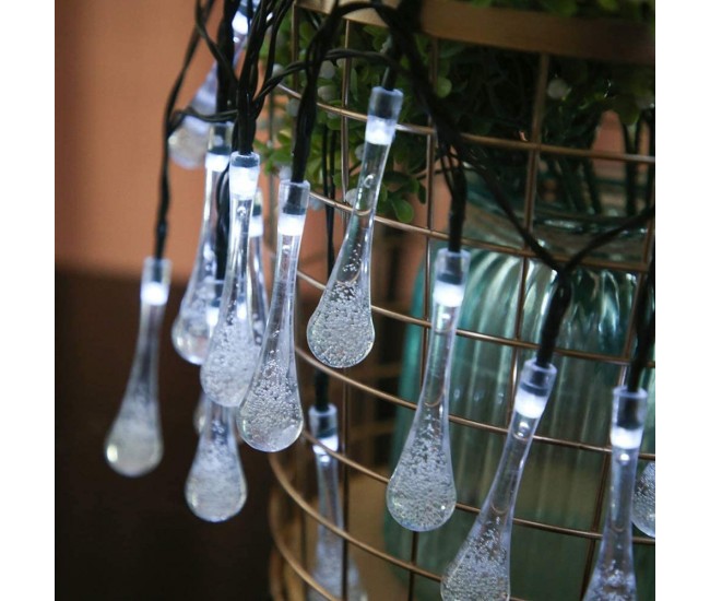 Instalatie Solara 6 m, 28 Led-uri cu Ornament tip picatura de apa, Liniara, Fir negru, Alb Rece