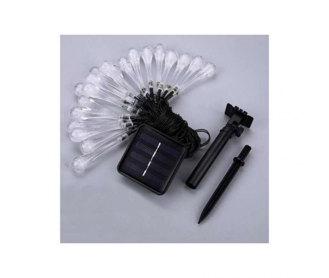 Instalatie Solara 6 m, 28 Led-uri cu Ornament tip picatura de apa, Liniara, Fir negru, Alb Rece
