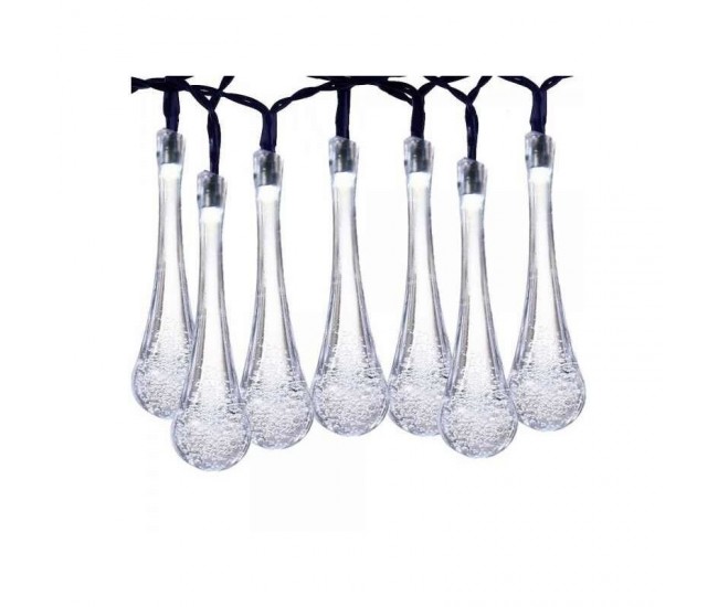 Instalatie Solara 6 m, 28 Led-uri cu Ornament tip picatura de apa, Liniara, Fir negru, Alb Rece