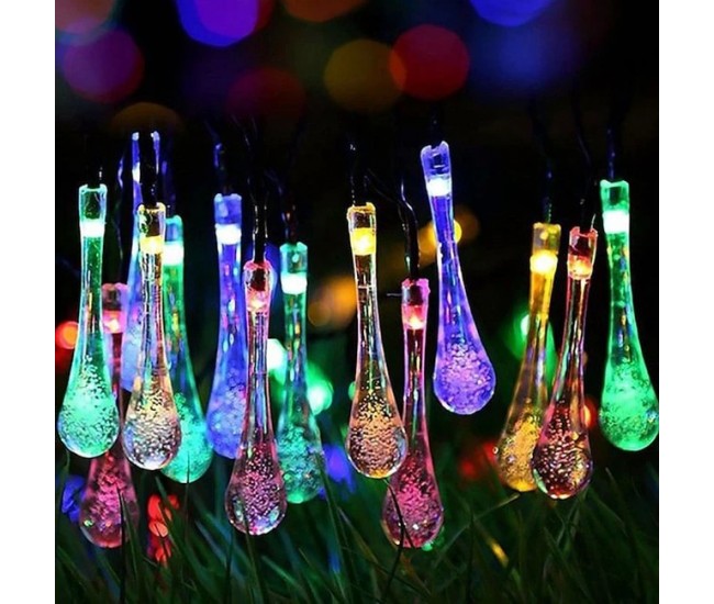 Instalatie Solara 6 m, 28 Led-uri cu Ornament tip picatura de apa, Liniara, Fir negru, Multicolor
