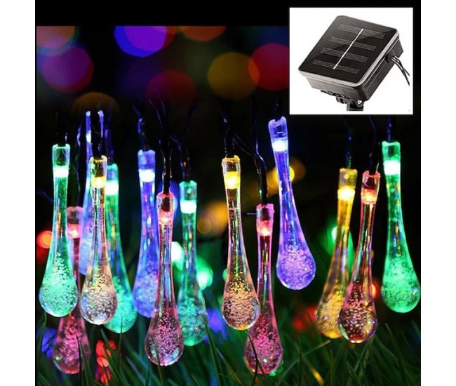 Instalatie Solara 6 m, 28 Led-uri cu Ornament tip picatura de apa, Liniara, Fir negru, Multicolor