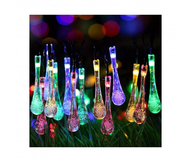 Instalatie Solara 6 m, 28 Led-uri cu Ornament tip picatura de apa, Liniara, Fir negru, Multicolor