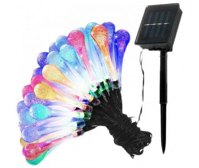 Instalatie Solara 6 m, 28 Led-uri cu Ornament tip picatura de apa, Liniara, Fir negru, Multicolor