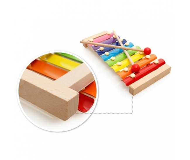 Instrument Muzical Xilofon Flippy, din Lemn, 8 Note Muzicale, 2 Bete de Percutie, 4-6 Ani, Multicolor